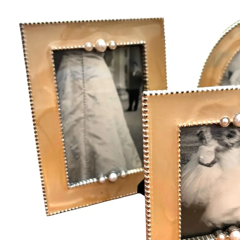 Trio of small photo frames (3) matching set cream enamel standing desktop style
